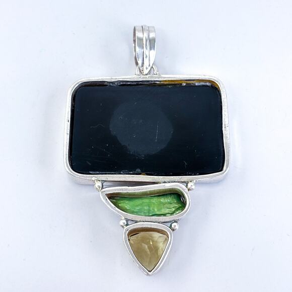 Vintage Sterling Silver 925 8cm Fractured Design Abalone Pearl Peridot Pendant - Picture 4 of 8